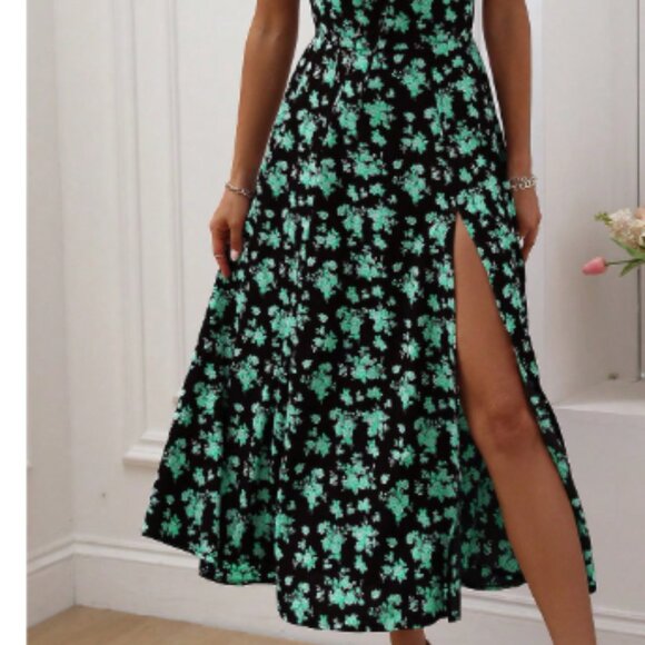 Women Boho Short Sleeve Dress Square Neck Knot Front Slit Thigh Dress L - Picture 5 of 7